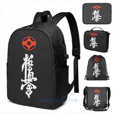 Graphic print Kyokushin Kaikan Kanji calligraphy the karate full contact design USB Charge Backpack men School Travel laptop bag - kyokushin-shop